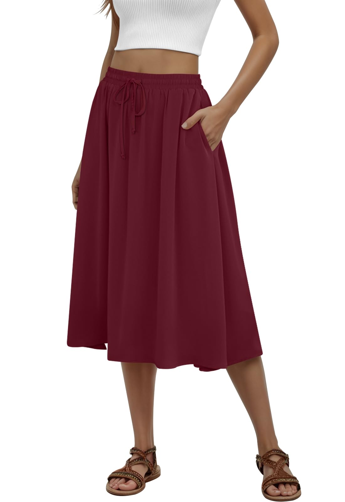 MLXSJ Women's Midi Skirt Summer Pleated Flowy Skirts with Pockets S-3XL