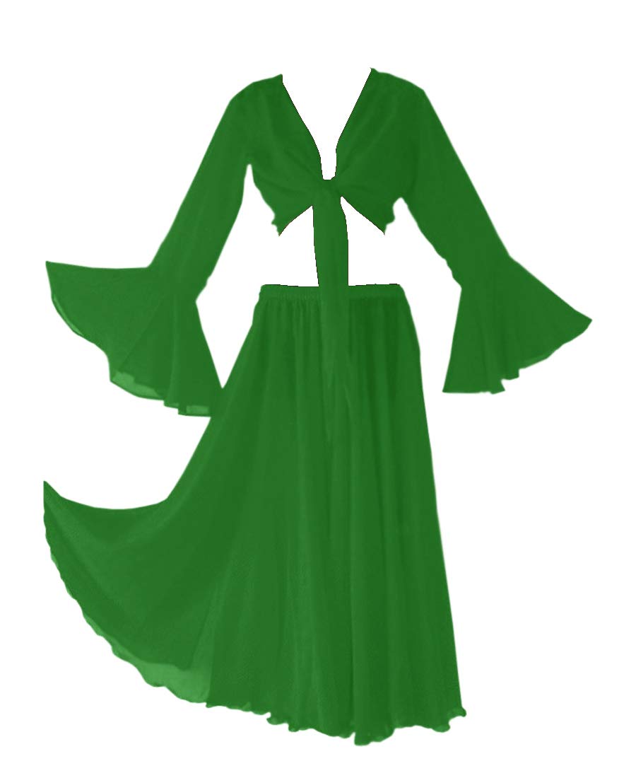 Indian Trendy Womens Chiffon Belly Dance Full Circle Skirt Ruffle Top Set Costume Dress