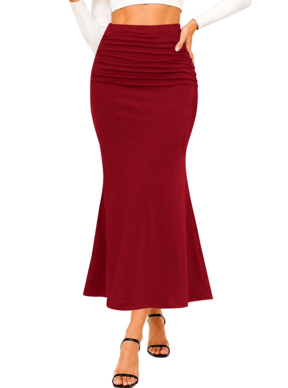 Avanova Women Ruched Mermaid Maxi Skirt High Waisted Bodycon