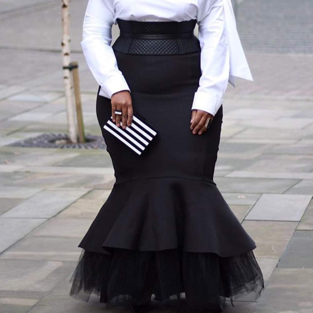 VERWIN Plus Size Mermaid Floor-Length Falbala Plain High Waist Women's Skirt