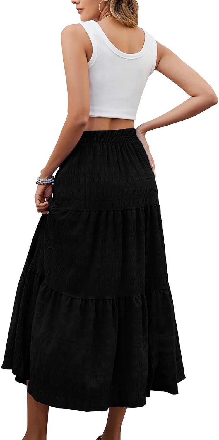 HUSKARY Women's Summer Casual Elegant Smock Layered Tiered Maxi Skirt High Waisted A Line Flowy Long Skirts with Pockets