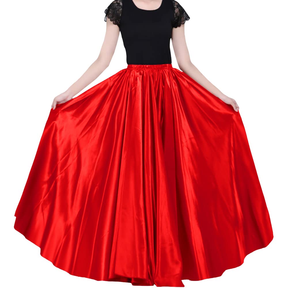 Ladies 90cm Satin Maxi Midi Skirt Long Dress Elastic Waist for Belly Dance Princess Party Cosplay Costume