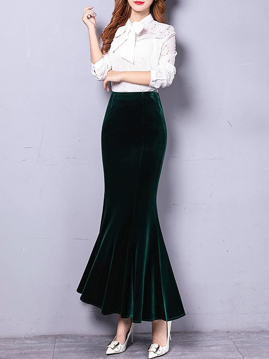 ebossy Women's High Waist Bodycon Velvet Fishtail Mermaid Maxi Skirt Evening Party