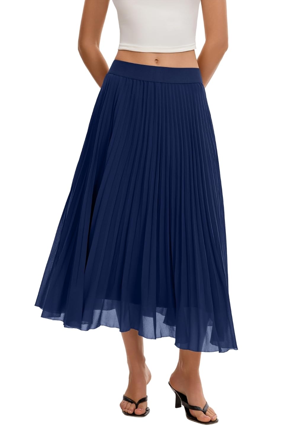 QINSEN Women's Elegant Flowy Pleated Chiffon Skirts Summer A-line Swing Midi Skirts Casual Elastic Waist Soft Lining