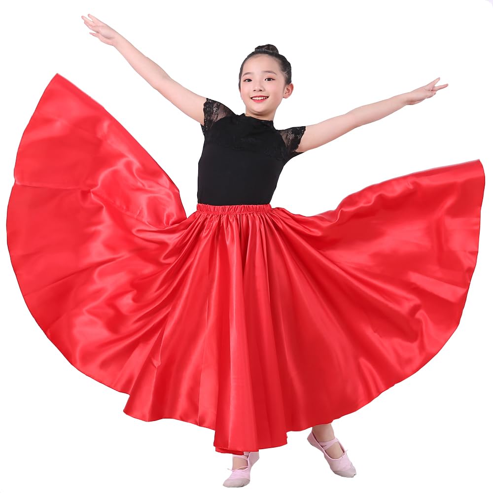 Girls Satin Full Dancing Circle Long Flowy Dance Skirt