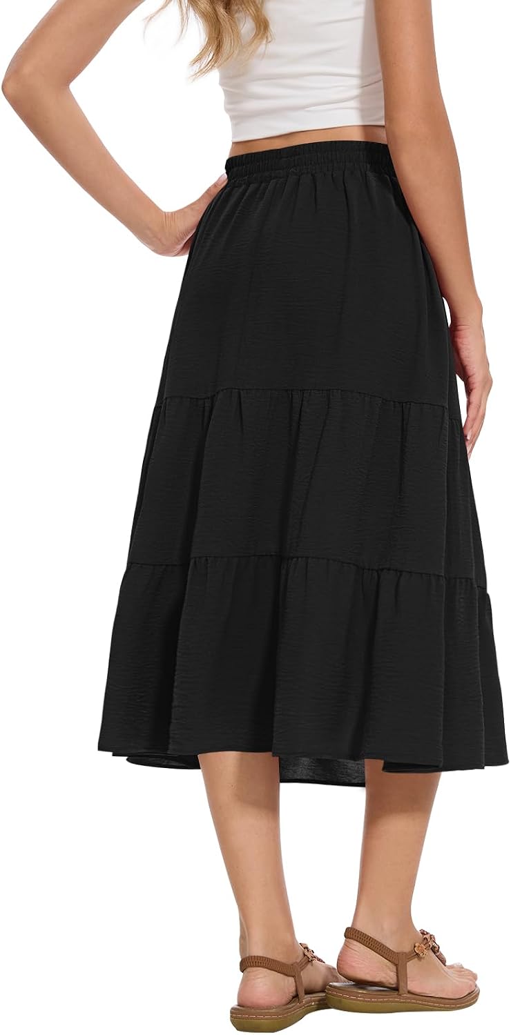 Women's Summer Midi Tiered Flowy High Waist A-Line Casual Skirts