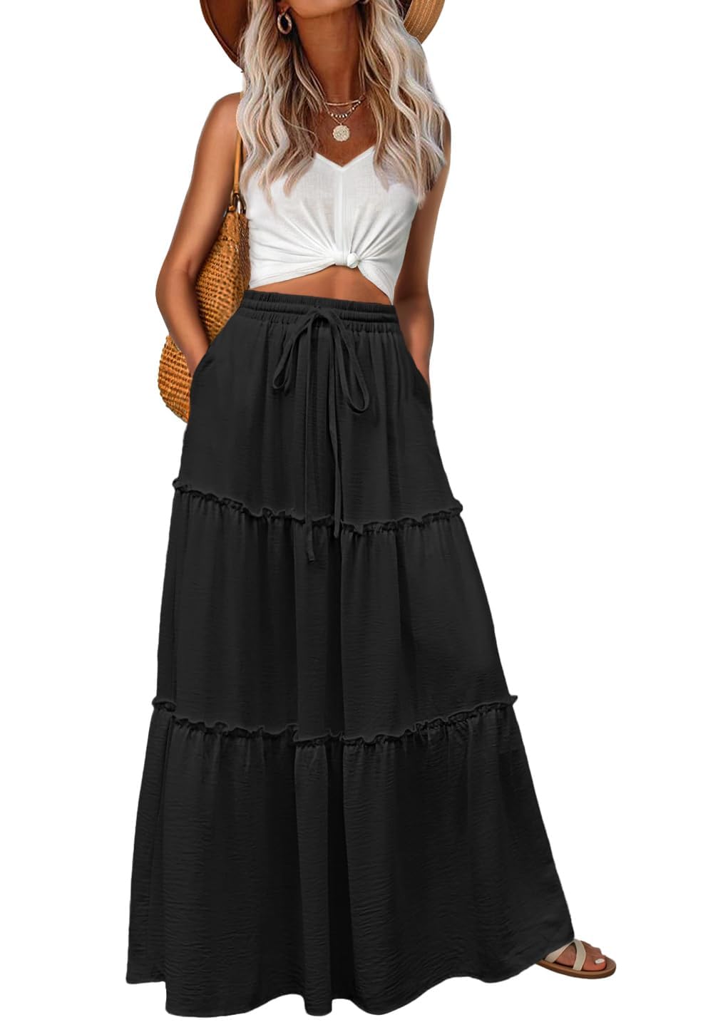 Lepunuo Womens Casual Boho High Waisted Flowy Maxi Skirts Tiered Floral Long Skirts with Pockets for Summer Beach Vacation
