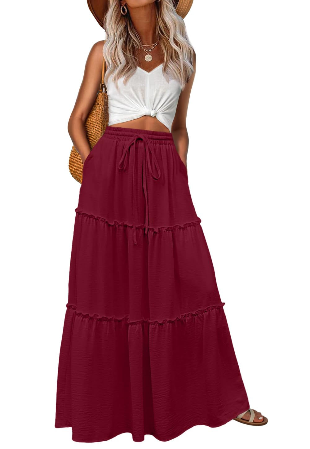 Lepunuo Womens Casual Boho High Waisted Flowy Maxi Skirts Tiered Floral Long Skirts with Pockets for Summer Beach Vacation