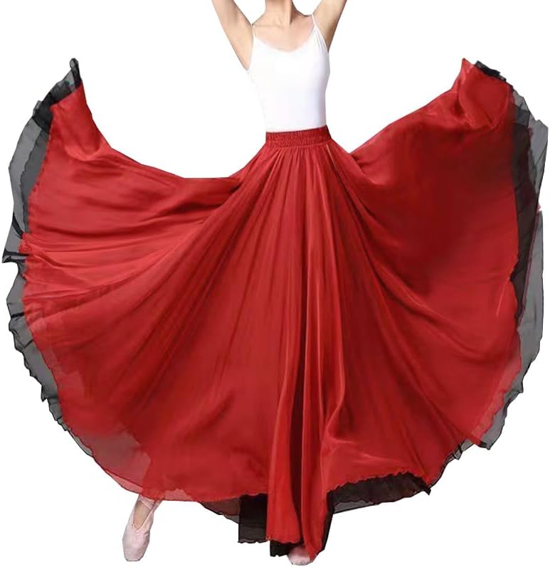 Women Black Red Two Layered Reversible Chiffon Long Maxi Skirt for Belly Spain Gypsy Dance Performance Photography