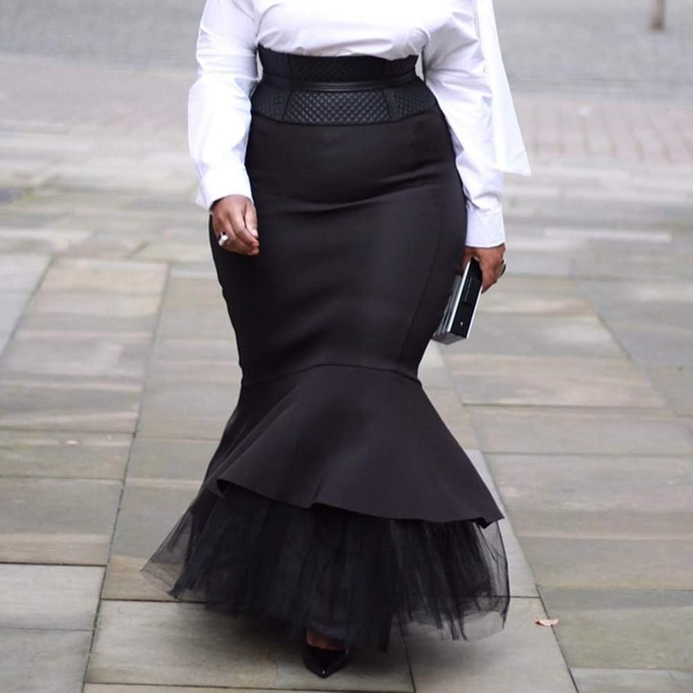 VERWIN Plus Size Mermaid Floor-Length Falbala Plain High Waist Women's Skirt