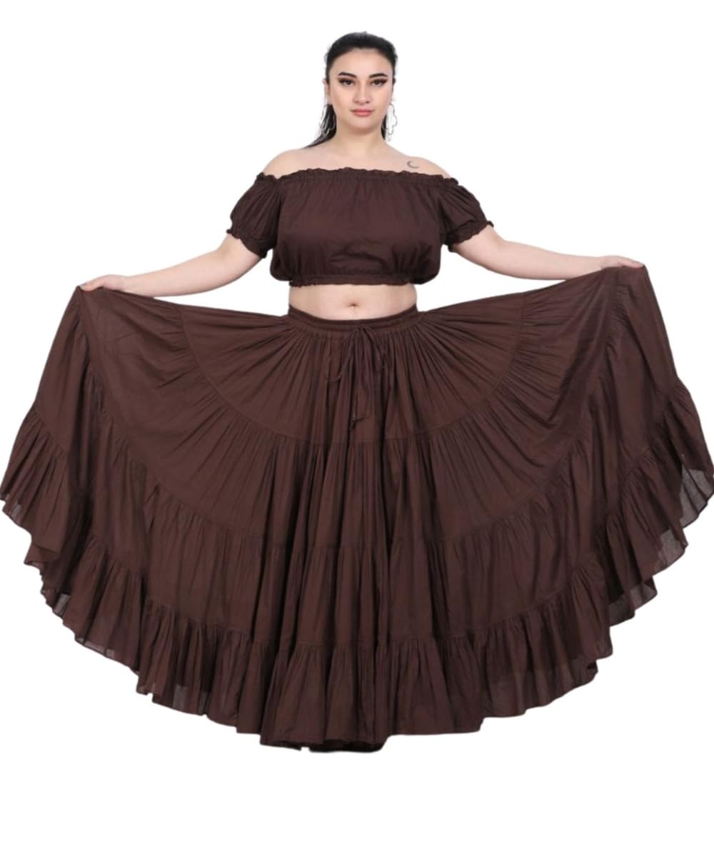 Wevez® Women's Plus Size Maxi Skirt Gypsy 25 Yard Long Flowy Solid Color Cotton Renaissance Skirt