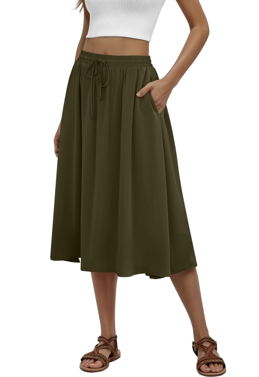 MLXSJ Women's Midi Skirt Summer Pleated Flowy Skirts with Pockets S-3XL