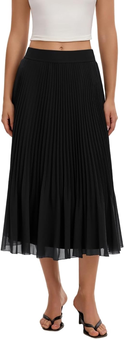 QINSEN Women's Elegant Flowy Pleated Chiffon Skirts Summer A-line Swing Midi Skirts Casual Elastic Waist Soft Lining