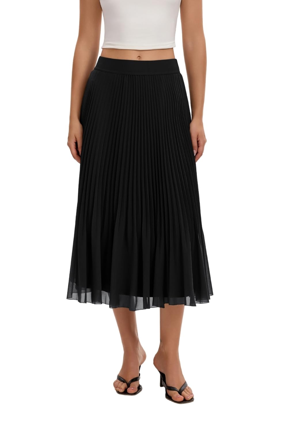 QINSEN Women's Elegant Flowy Pleated Chiffon Skirts Summer A-line Swing Midi Skirts Casual Elastic Waist Soft Lining