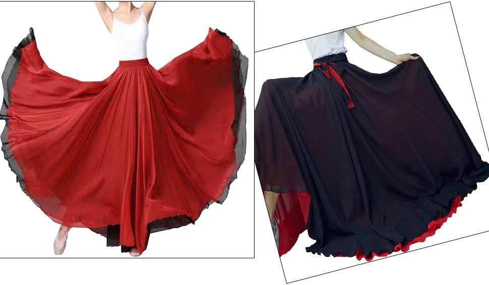 Women Black Red Two Layered Reversible Chiffon Long Maxi Skirt for Belly Spain Gypsy Dance Performance Photography