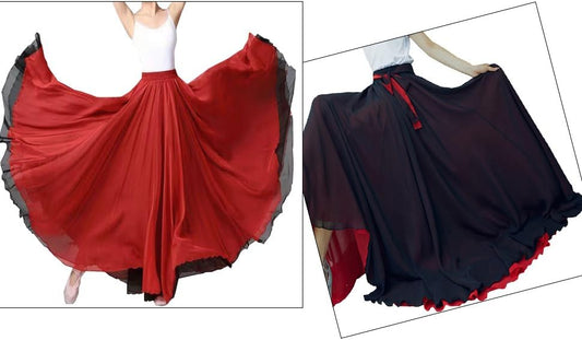 Women Black Red Two Layered Reversible Chiffon Long Maxi Skirt for Belly Spain Gypsy Dance Performance Photography