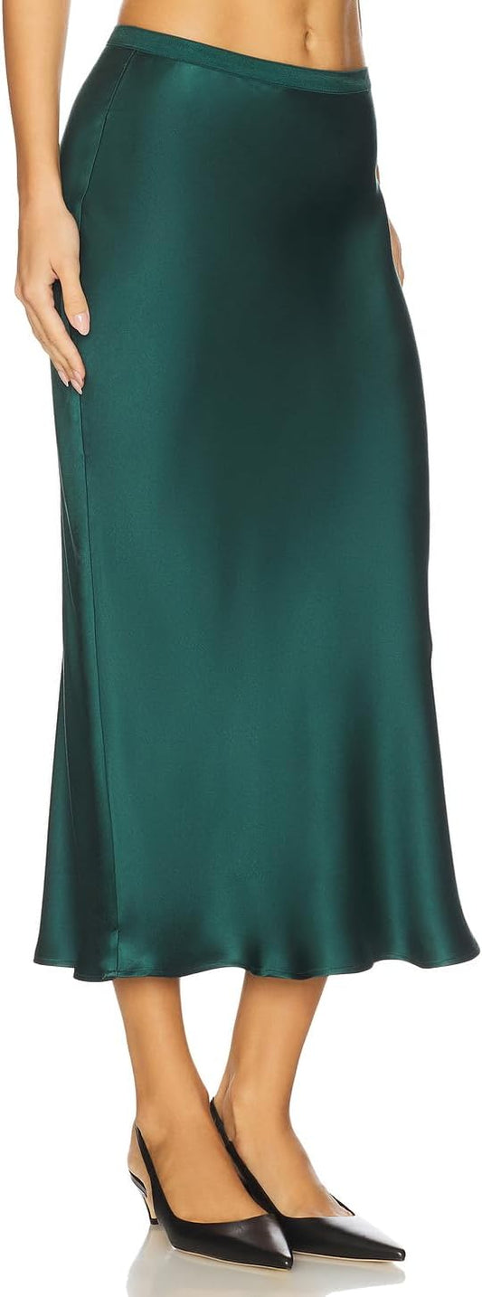Women Silk Satin Mermaid Midi Skirt Elastic High Waist Office Work Skirt