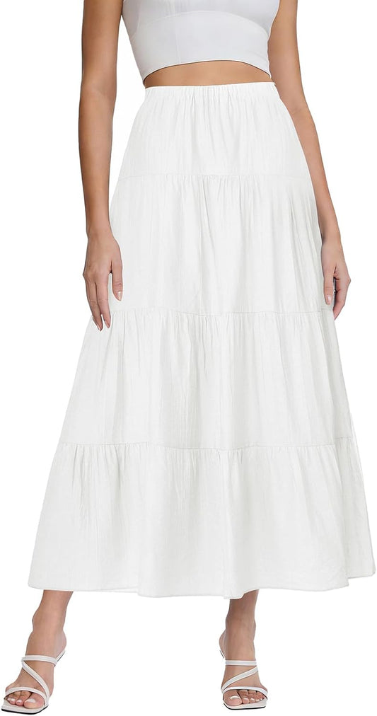 Women's White Maxi Skirt Summer Boho Long Flowy Pleated Tiered High Waist A-Line Flared Skirts