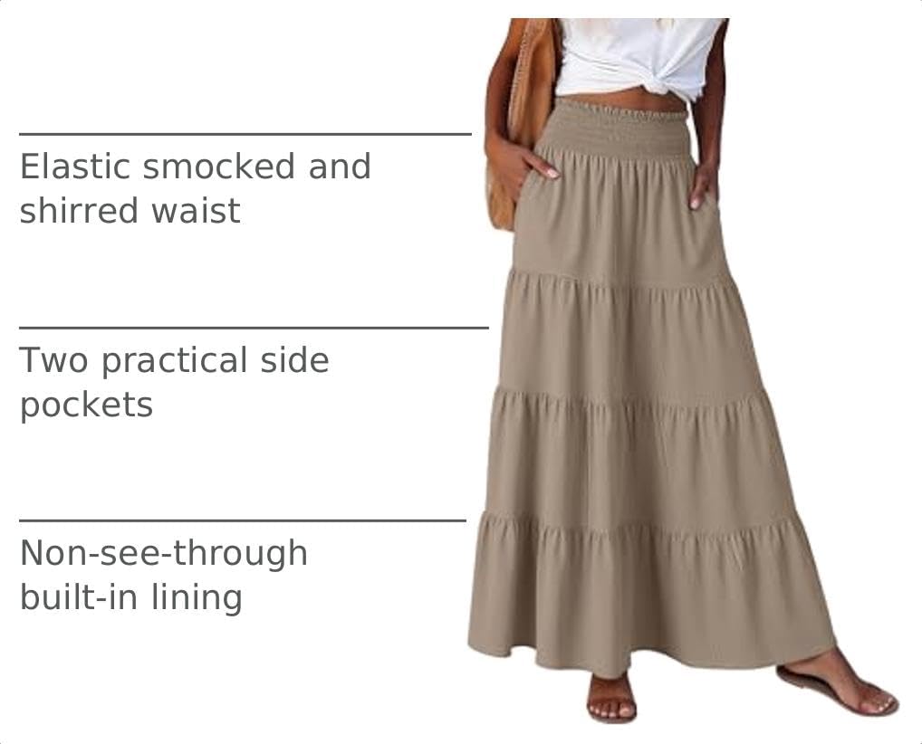 ANRABESS Womens Maxi Skirts, Elastic High Waist A-Line Tiered, Long Flowy Boho Skirts, Summer Casual Beach & Vacation Wear