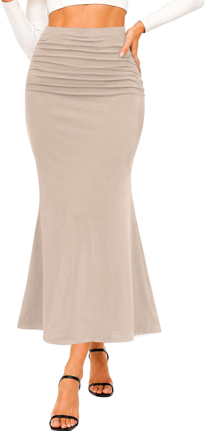 Avanova Women Ruched Mermaid Maxi Skirt High Waisted Bodycon
