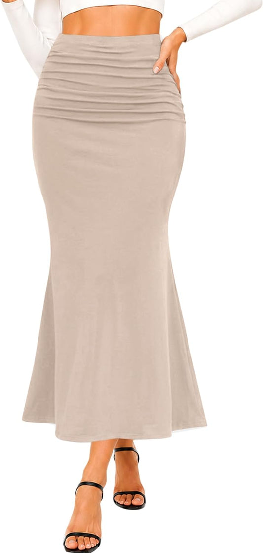 Avanova Women Ruched Mermaid Maxi Skirt High Waisted Bodycon