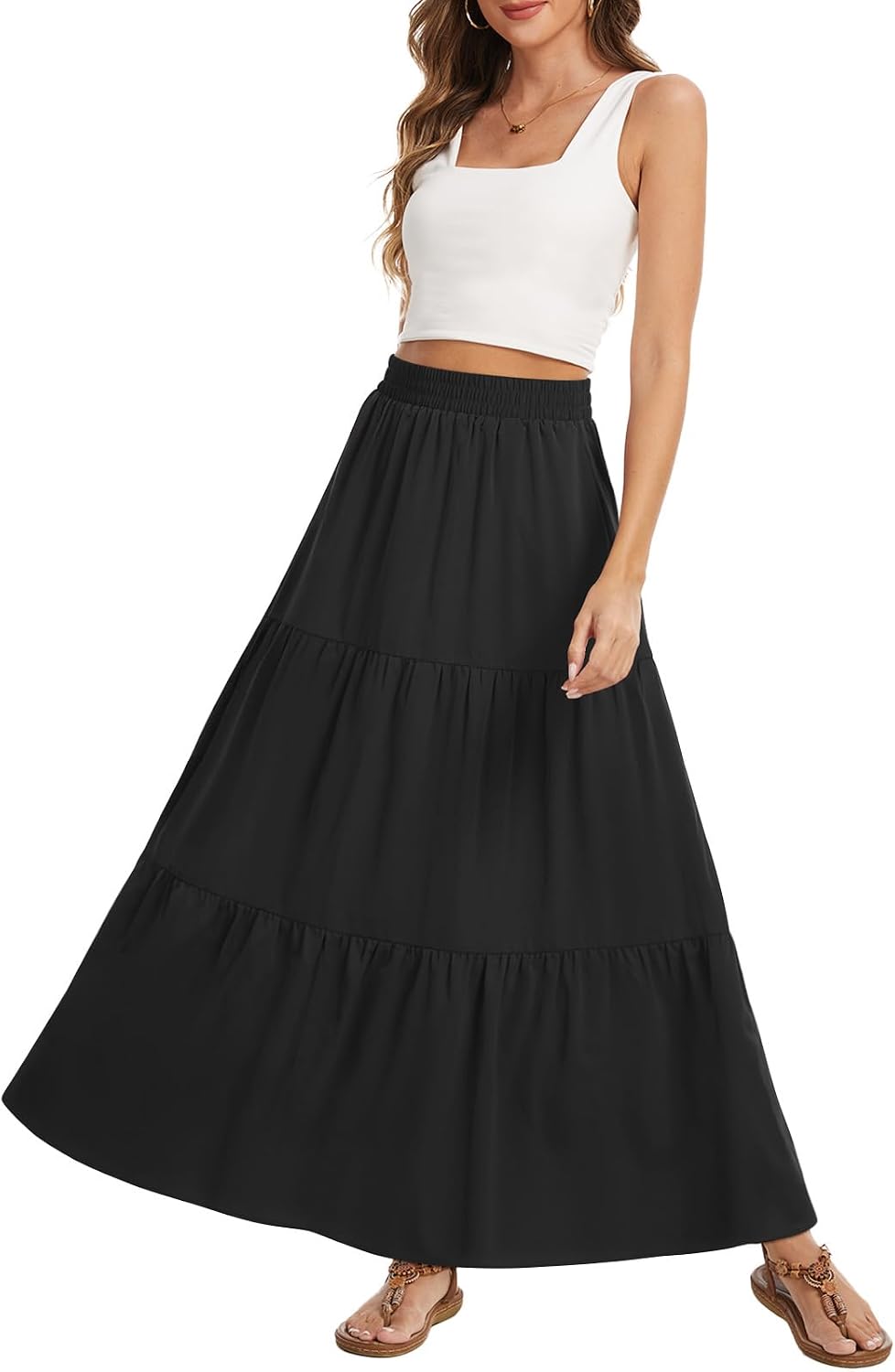 Women's Summer Boho Maxi Skirt Long Flowy Tiered A-Line High Waist Pleated Skirts with Pockets for Beach Vacation
