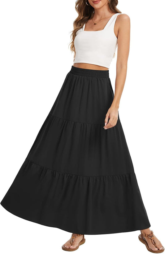 Women's Summer Boho Maxi Skirt Long Flowy Tiered A-Line High Waist Pleated Skirts with Pockets for Beach Vacation