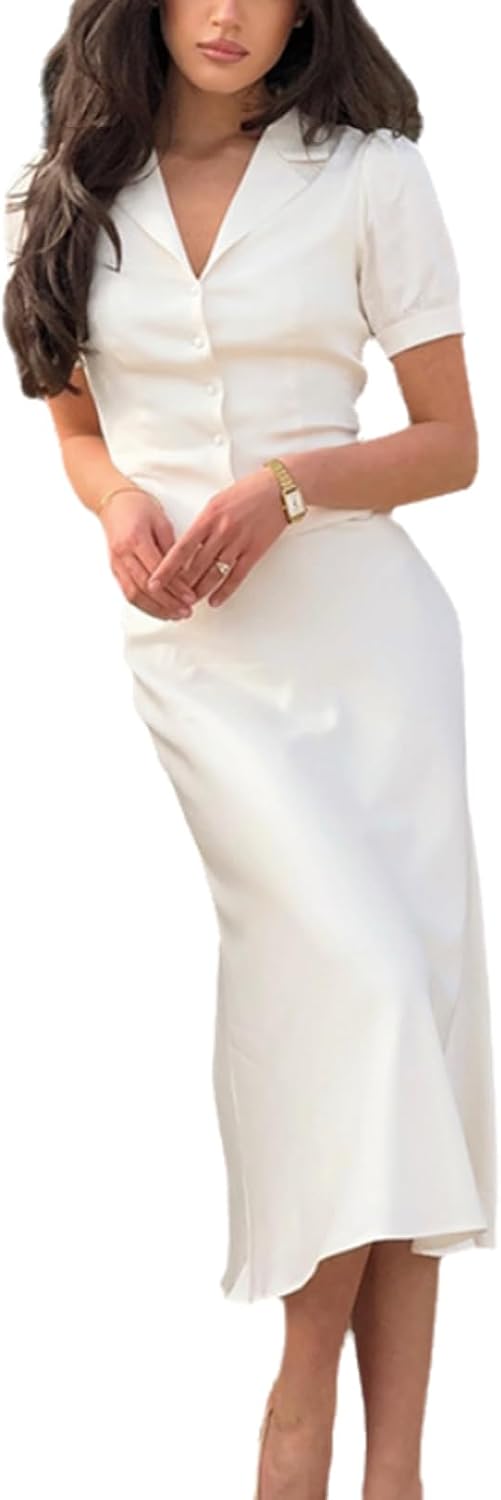 Wuitrie Women's Elegant Workwear 2 Piece Outfit V-Neck Puff Sleeve Blouse and High Waist Midi Mermaid Skirt Solid French Set