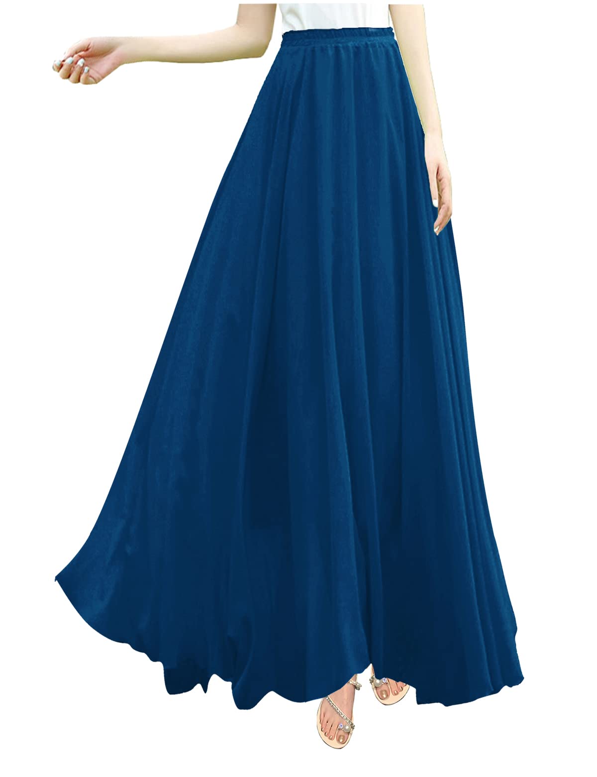 v28 Women Full/Ankle Length Elastic Pleated Retro Maxi Chiffon Long Skirt