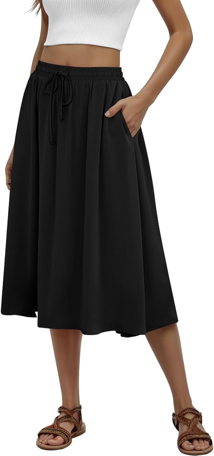 MLXSJ Women's Midi Skirt Summer Pleated Flowy Skirts with Pockets S-3XL