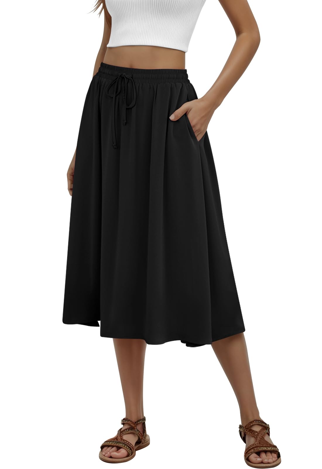 MLXSJ Women's Midi Skirt Summer Pleated Flowy Skirts with Pockets S-3XL
