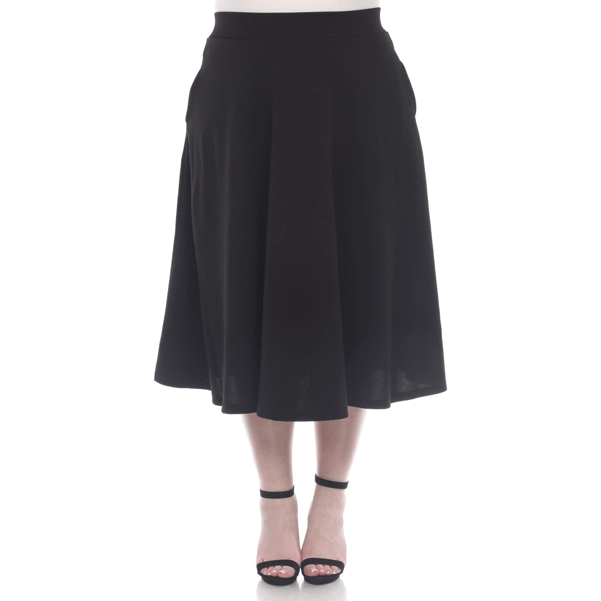 White Women's Plus Size Flared Midi Skirt with Pockets
