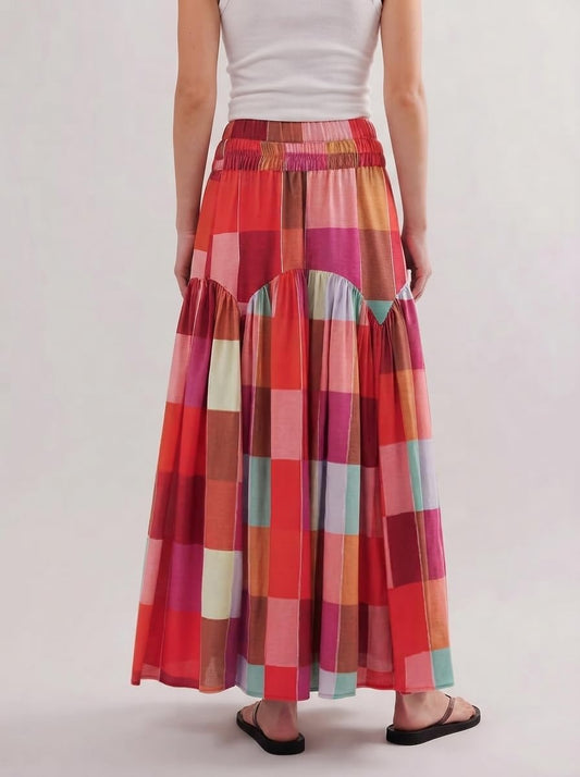 TinyCribz Women's Boho Ruched Plaid High Waist Floor Length Maxi Skirt