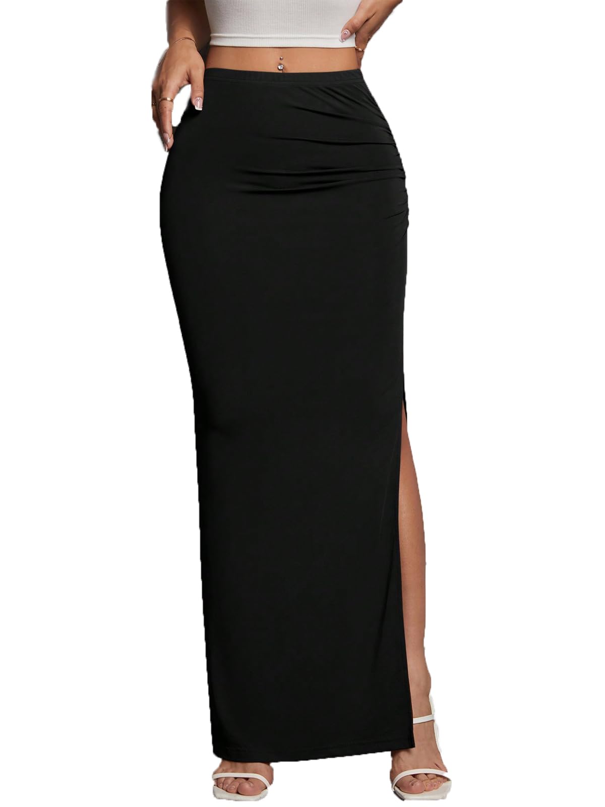 Women's Maxi Skirt Ruched Side Slit Thigh Elegant Bodycon Pencil Skirts