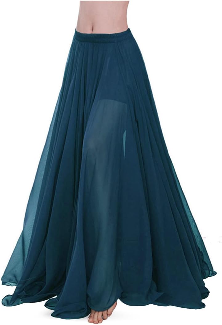 themilestocks Women Chiffon Maxi Skirt 9 Yard Hem Long Summer Mopping Dress Ankle-Length Elastic Pleated Retro Beach