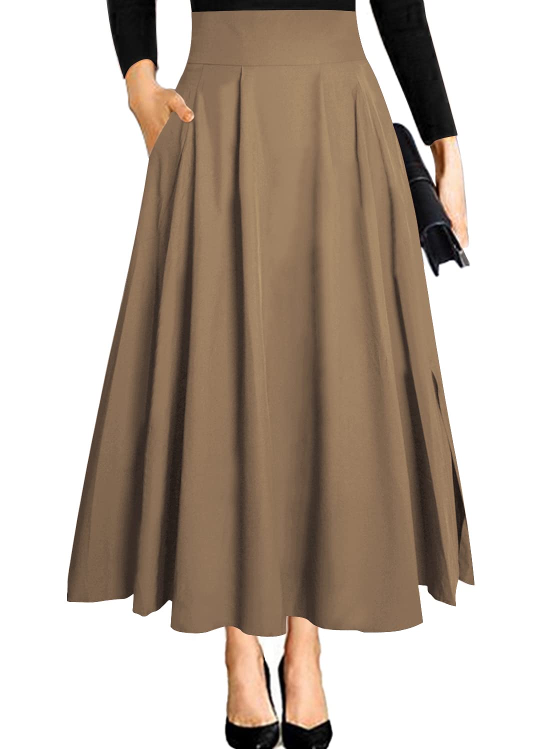 RANPHEE Women's Ankle Length High Waist A-line Flowy Long Maxi Skirt with Pockets