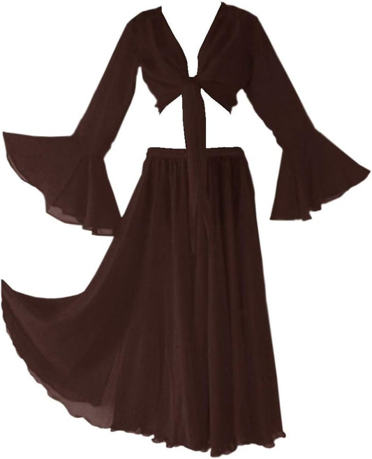 Indian Trendy Womens Chiffon Belly Dance Full Circle Skirt Ruffle Top Set Costume Dress