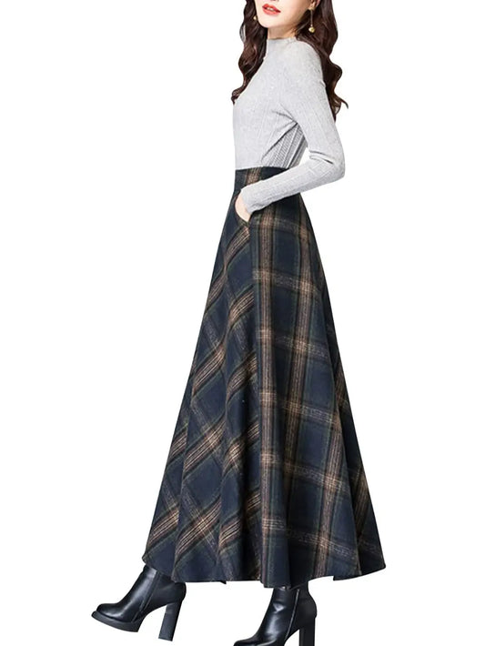 Ebossy Women's Vintage High Waist Wool Blend Plaid A-Line Long Maxi Skirt with Pocket Bottoms Womenswear,clothes for back to school,first day of school outfits