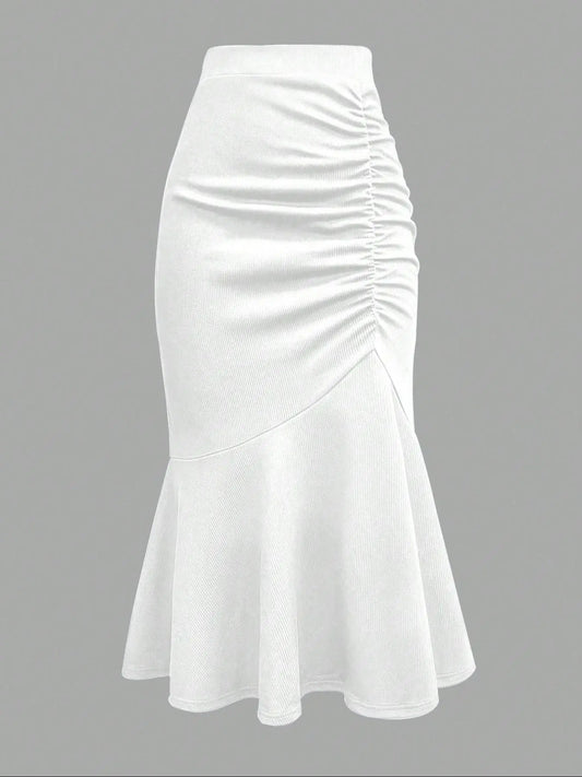 Women's Fashion Fitted Mermaid Stretch Skirt, Plain Color, Leaf Hem, Simple Classic Minimalist Chic Design, Versatile for Dating and Commuting, Elegant A-Line Midi Dress