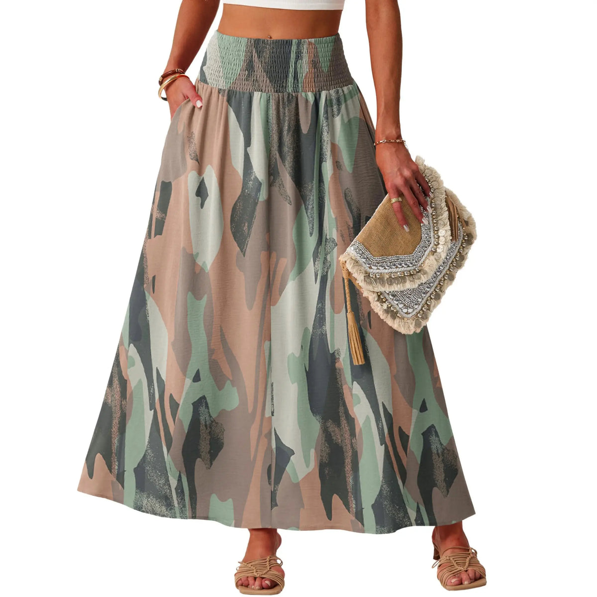 Lepunuo Maxi Skirts for Women Smocked Elastic High Waisted Casual Boho Swing Pleated Beach Long Skirts with Pockets