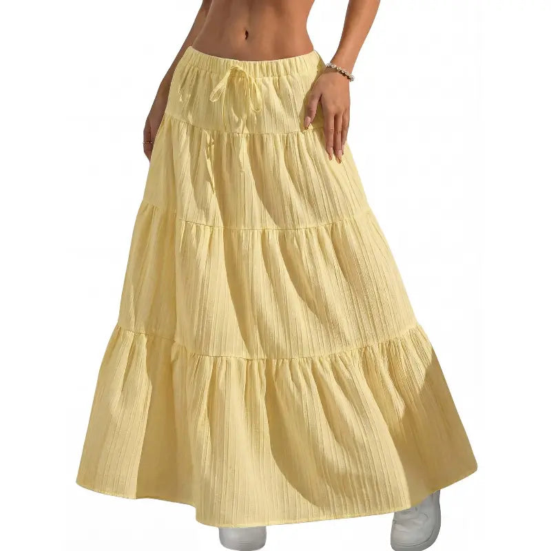 Women's Boho Flowy White Maxi Skirt Flared Ruffle Elastic Waist Summer A Line 2026 Spring Long Bohemian Skirts,back to school shopping