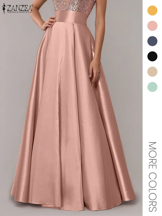 Women's Solid Satin High Waist Fitted Flare Skirt, Trendy Flirty Skirt, Flared Skirts, Elegant Fashion A Line Maxi Skirt for Party Dating Wear, Ladies Bottoms for All Seasons, Womenswear