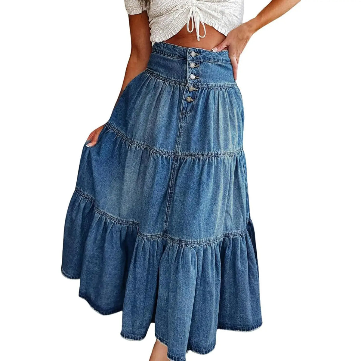 Chouyatou Women's Cute Sexy Thick Chic High-Waisted A-Line Cowboy Denim Skirt, Bohemian Style with Flowing Ruffle, Button Closure, and Tiered Design, Elegant, Women Fashion, Skirts For Women,back to school shopping