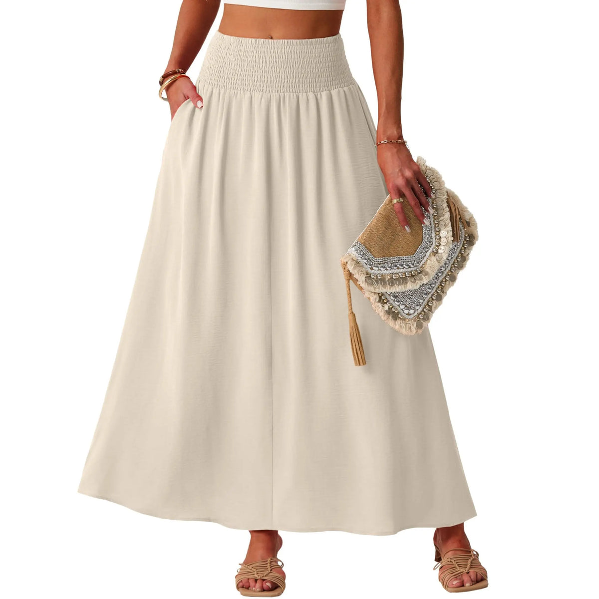 Lepunuo Maxi Skirts for Women Smocked Elastic High Waisted Casual Boho Swing Pleated Beach Long Skirts with Pockets