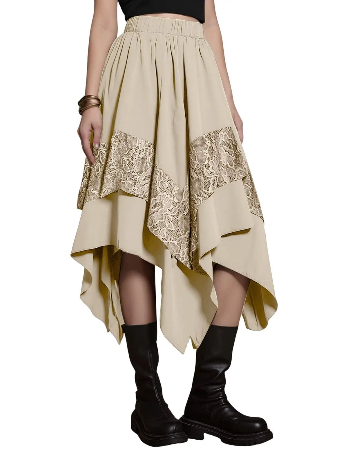 Arssm Womens Renaissance Skirt Lace Tiered Asymmetrical Flowy Fairy Long Skirt High Waist Gothic Midi Skirts