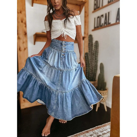 Chouyatou Women's Cute Sexy Thick Chic High-Waisted A-Line Cowboy Denim Skirt, Bohemian Style with Flowing Ruffle, Button Closure, and Tiered Design, Elegant, Women Fashion, Skirts For Women,back to school shopping