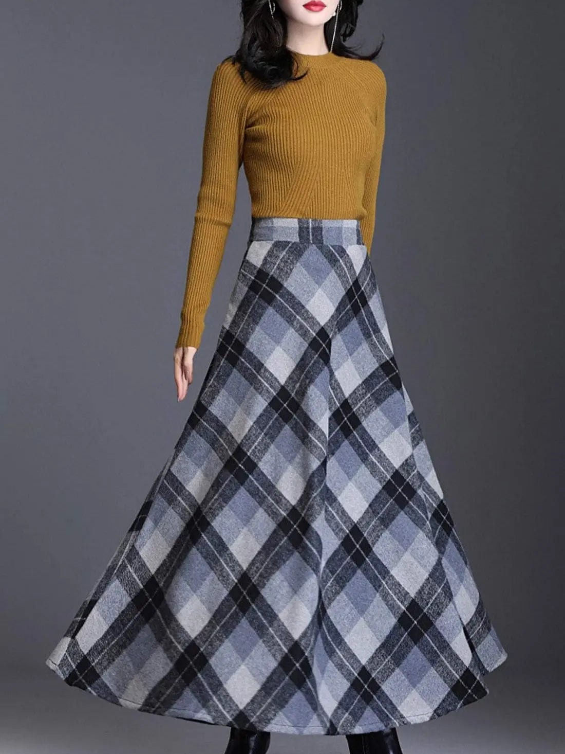 Ebossy Women's Vintage High Waist Wool Blend Plaid A-Line Long Maxi Skirt with Pocket Bottoms Womenswear,clothes for back to school,first day of school outfits