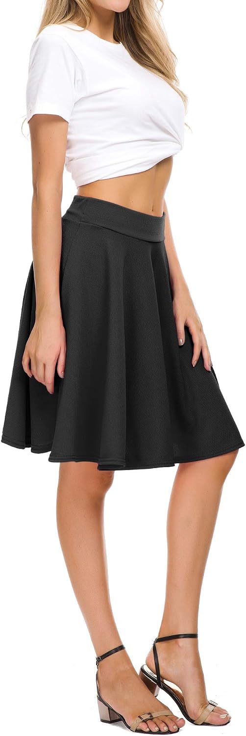 EXCHIC Women's Casual Stretchy Flared Mini Skater Skirt Basic A-Line Pleated Midi Skirt