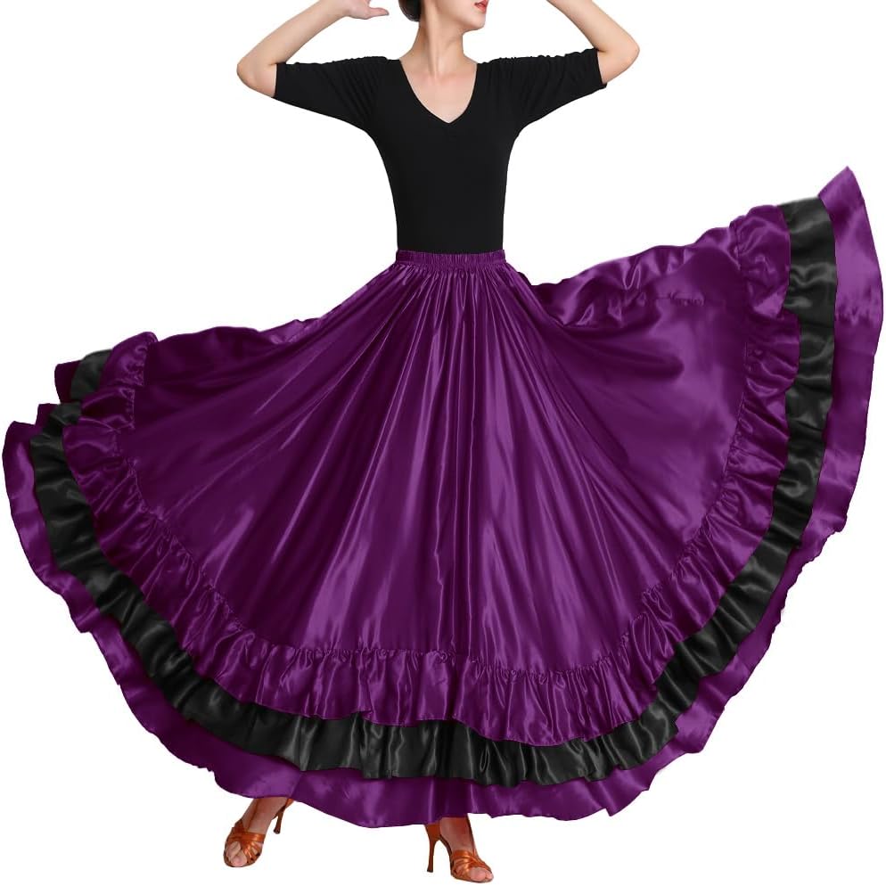 Women Black Red Layers Satin Long Skirt for Spanish Flamenco Belly Dance Mexico Ballet Folklorico Performance
