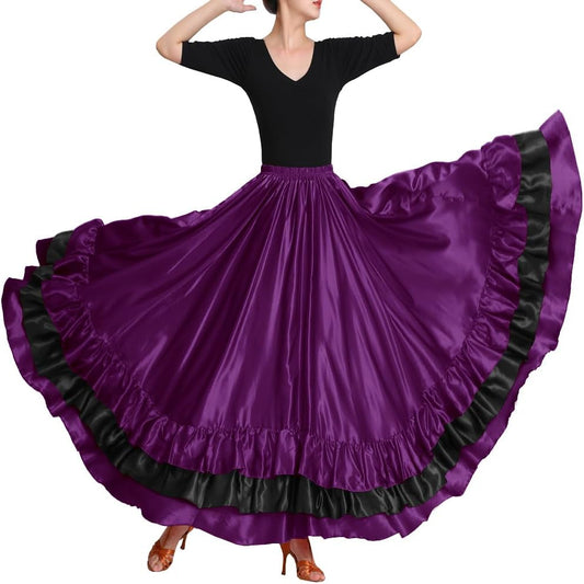 Women Black Red Layers Satin Long Skirt for Spanish Flamenco Belly Dance Mexico Ballet Folklorico Performance